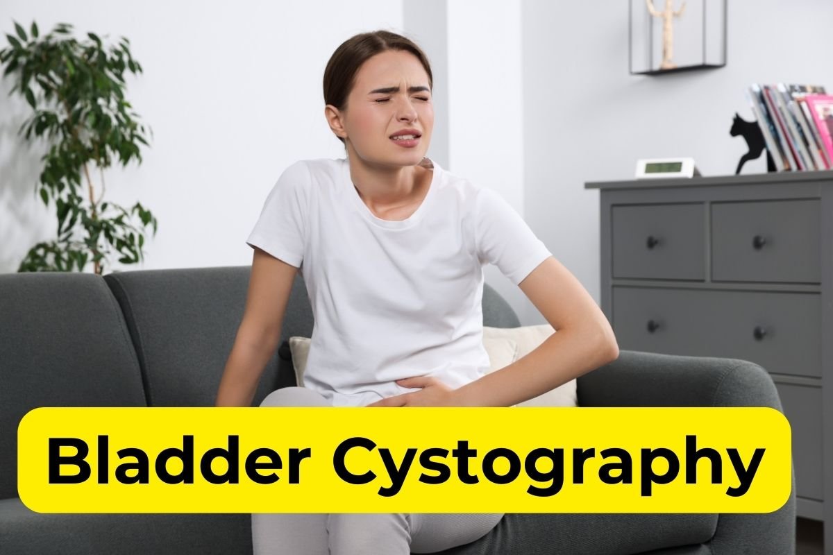 Medical illustration of bladder cystography procedure showing catheter insertion and contrast dye visualization