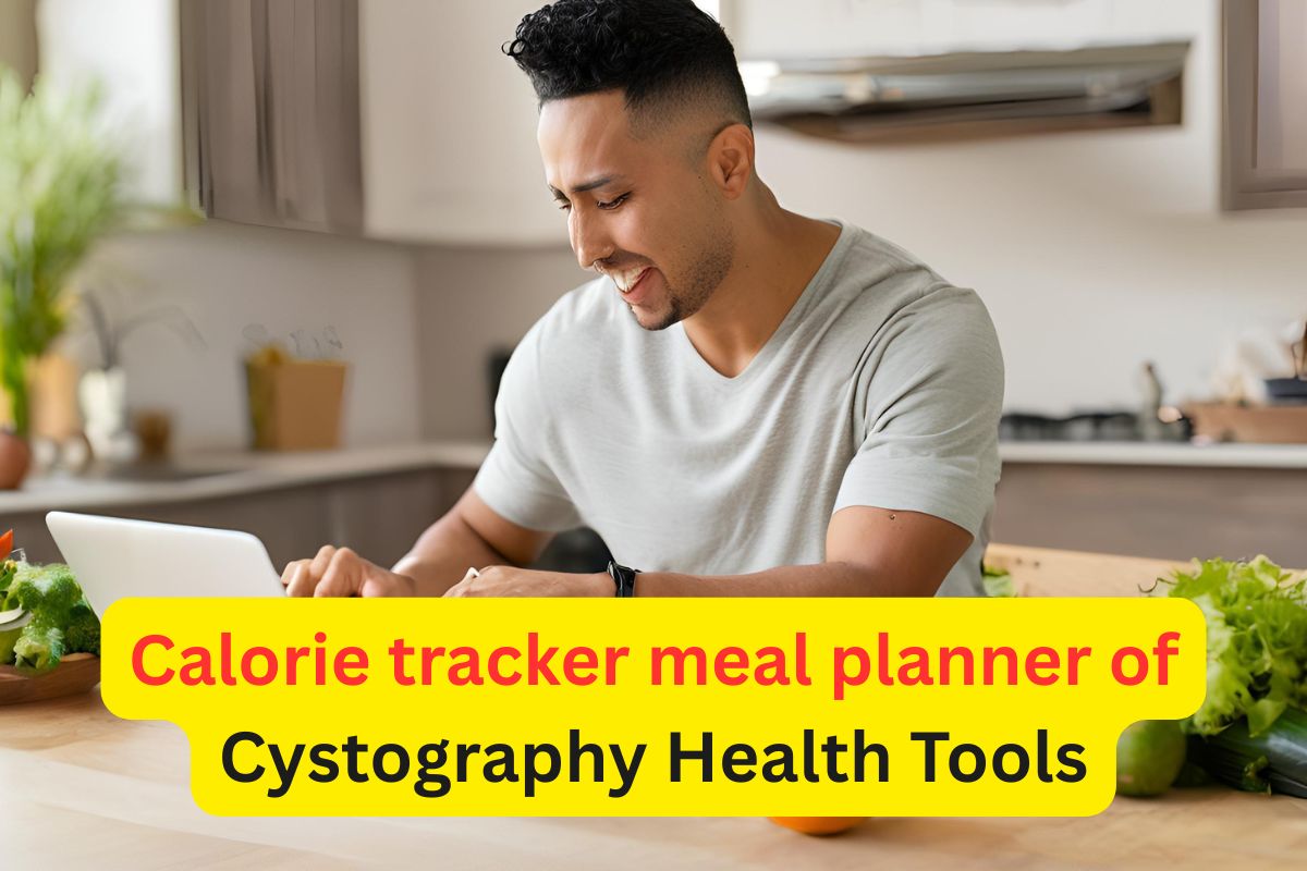 Person planning healthy meals using cystography calorie meal planner health tool with fresh fruits and vegetables on the table.