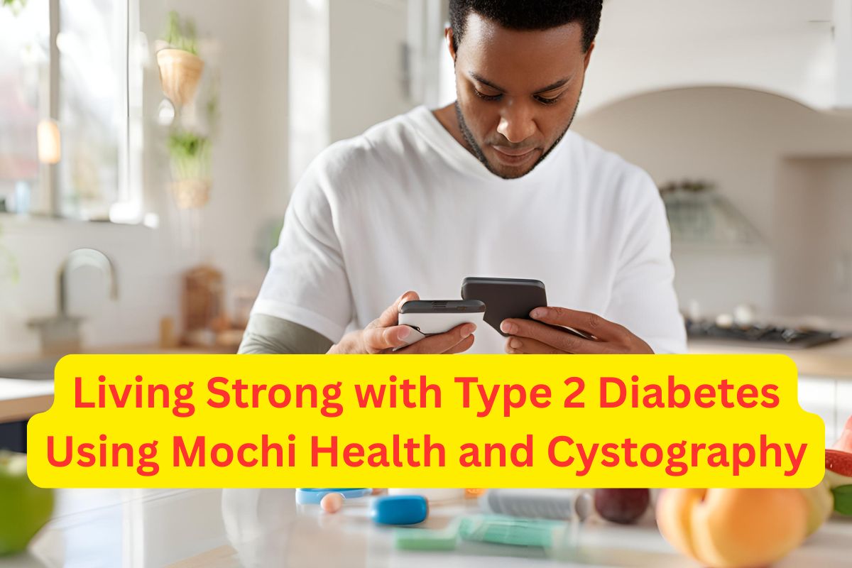 Person using Mochi Health app and Cystography Health Tools to manage diabetes mellitus