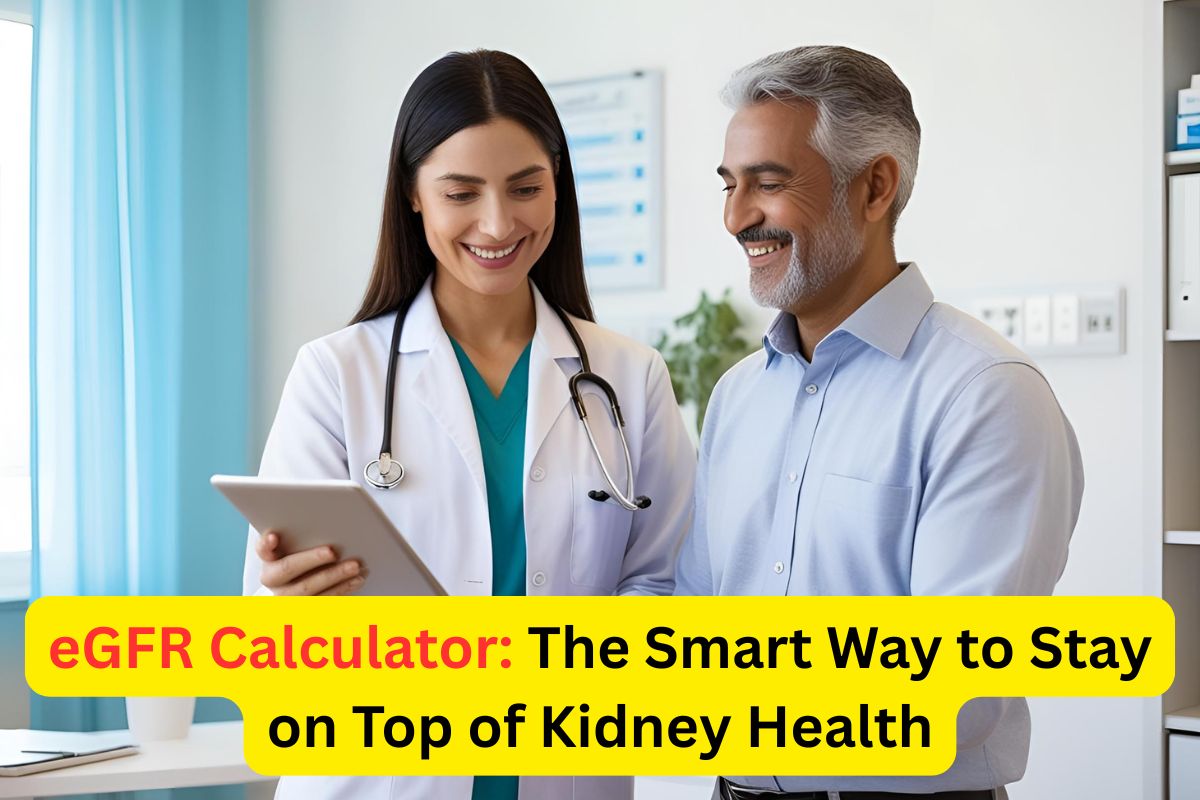 A doctor holding a tablet showing eGFR calculator results to a smiling middle-aged patient in a bright medical office.