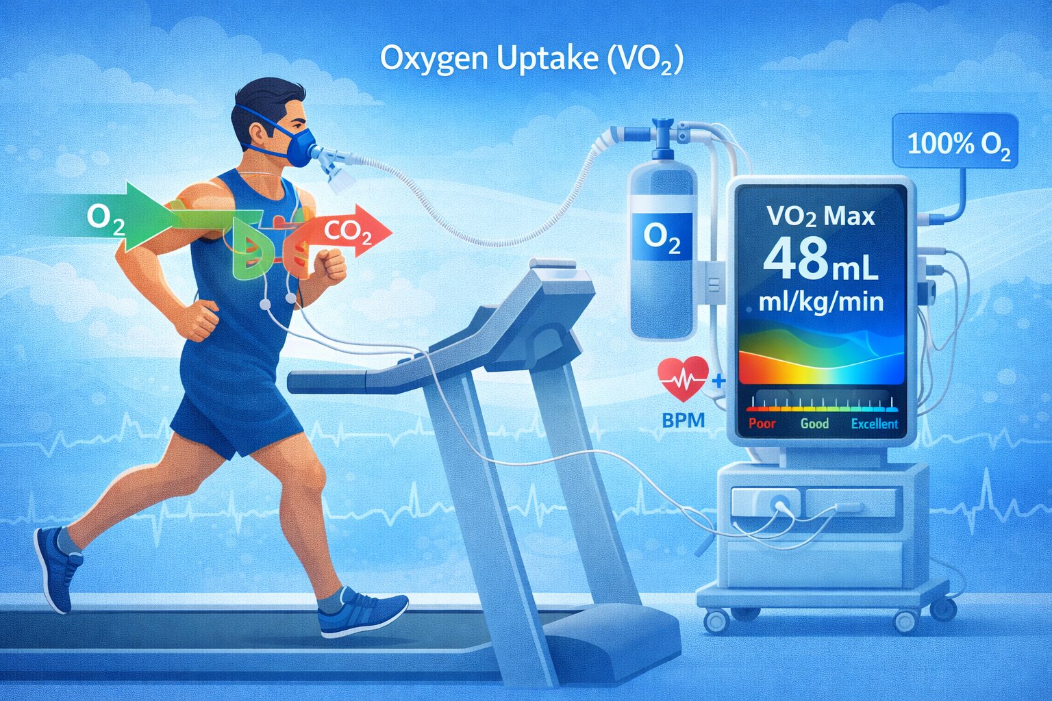 Illustration showing oxygen uptake during exercise and VO₂ max measurement